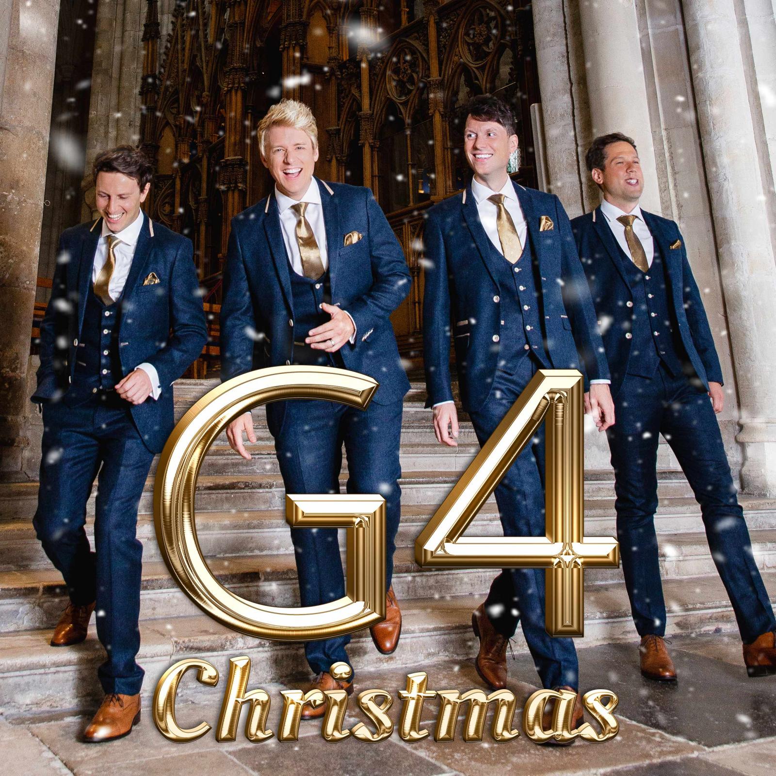 G4 concert graphic featuring the G4 logo & 4 men walking out of an old doorway to another Cathedral. Image features a flocked snow effect.